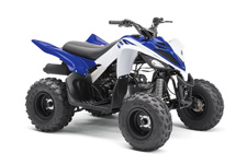 New 2017 YAMAHA RAPTOR 90 TEAM YAMAHA BLUE / WHITE Stepping It Up – Electric start, reverse and true Raptor styling ensure the Raptor 90 will grab the attention of riders 10‑years‑old and up.